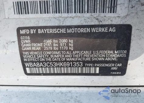 2017 BMW 320I xDrive from USA, damaged, VIN WBA8A3C53HK691353